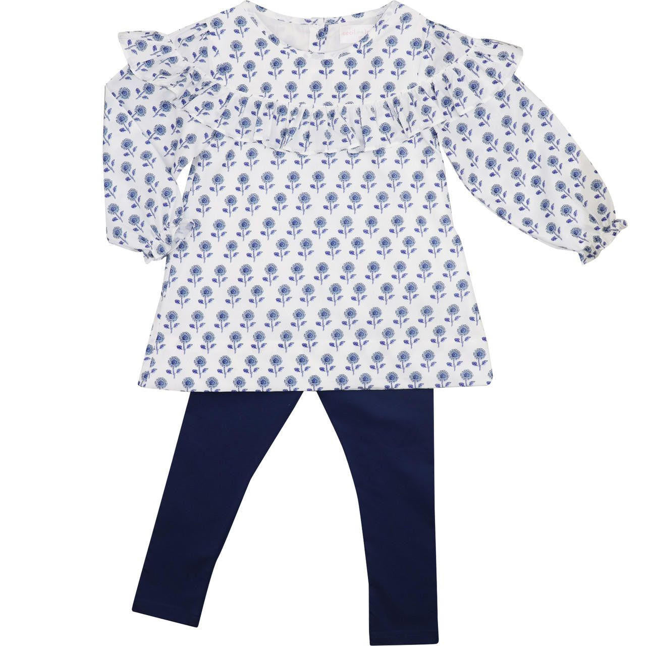 Navy Daisy Print Legging Set - Shipping Early October  Smocked Threads