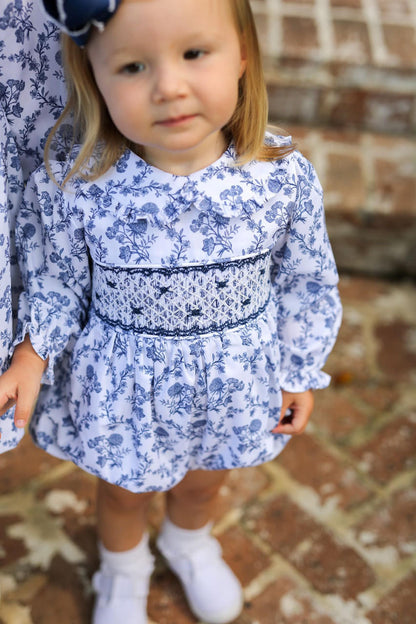 Navy Floral Smocked Rosette Bubble - Shipping Early October  Smocked Threads