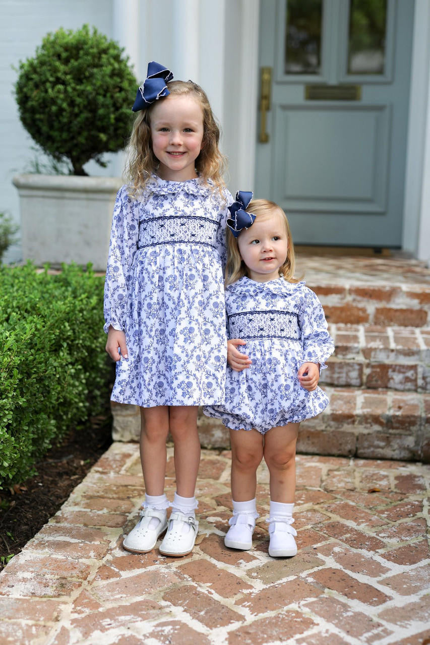 Navy Floral Smocked Rosette Dress - Shipping Early October  Smocked Threads