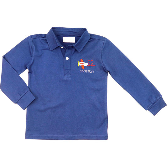 Navy Knit Airplane Valentine Polo Shirt