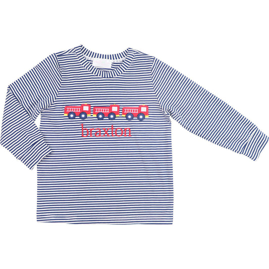 Navy Knit Stripe Applique Firetruck Shirt - Shipping Early October  Monogram