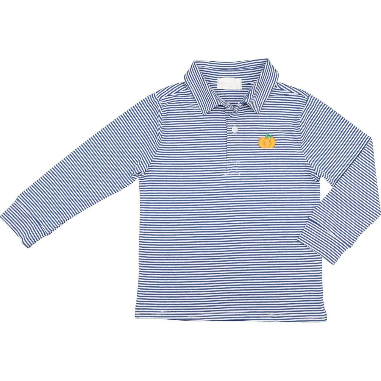 Navy Mini Stripe Embroidered Pumpkin Polo  Smocked Threads