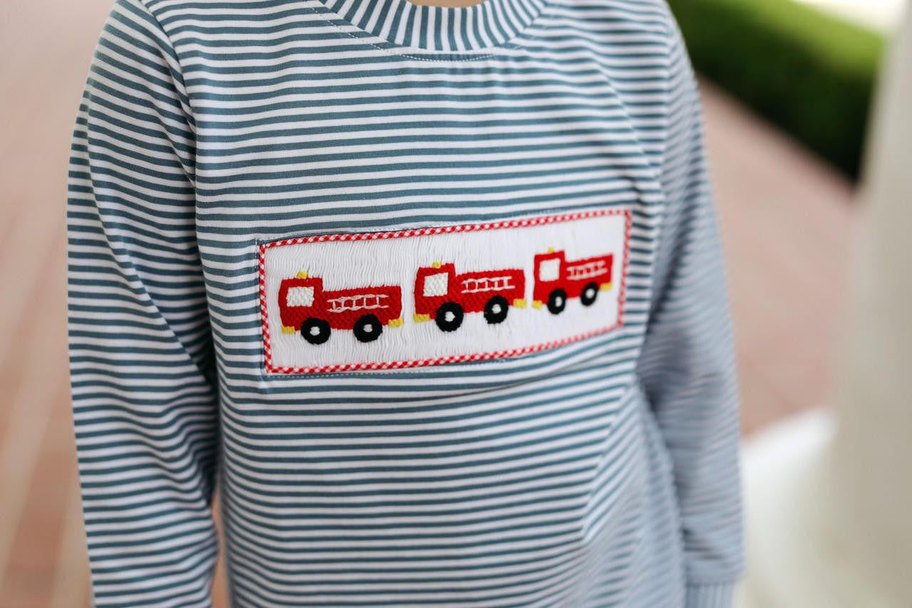 Navy Stripe Knit Smocked Firetruck Shirt  - Shipping Late September  Cecil and Lou