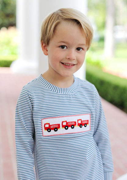 Navy Stripe Knit Smocked Firetruck Shirt  - Shipping Late September  Cecil and Lou