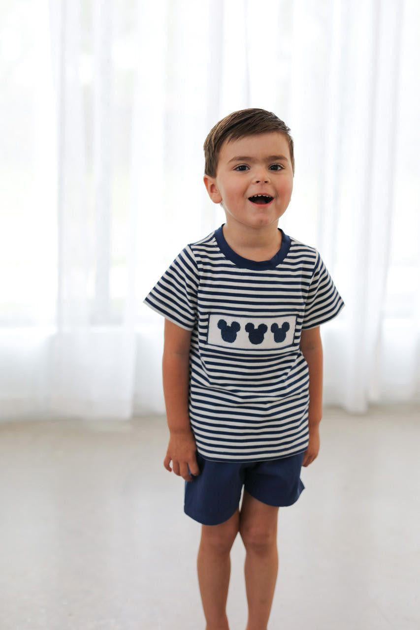 Navy Stripe Smocked Mouse Ears Short Set  Smocked Threads