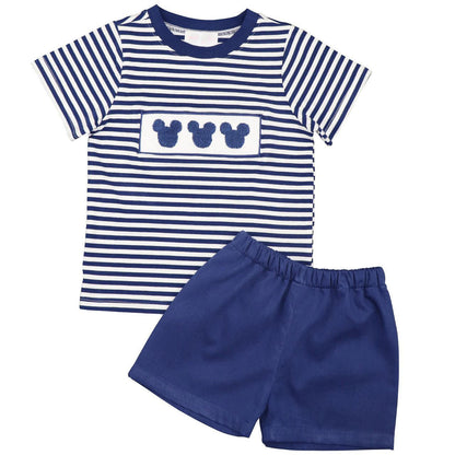 Navy Stripe Smocked Mouse Ears Short Set  Smocked Threads