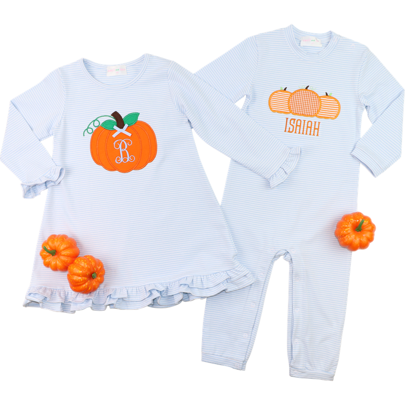 Blue Stripe Knit Applique Pumpkins Long Romper