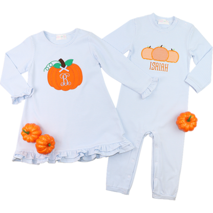 Blue Stripe Knit Applique Pumpkins Long Romper