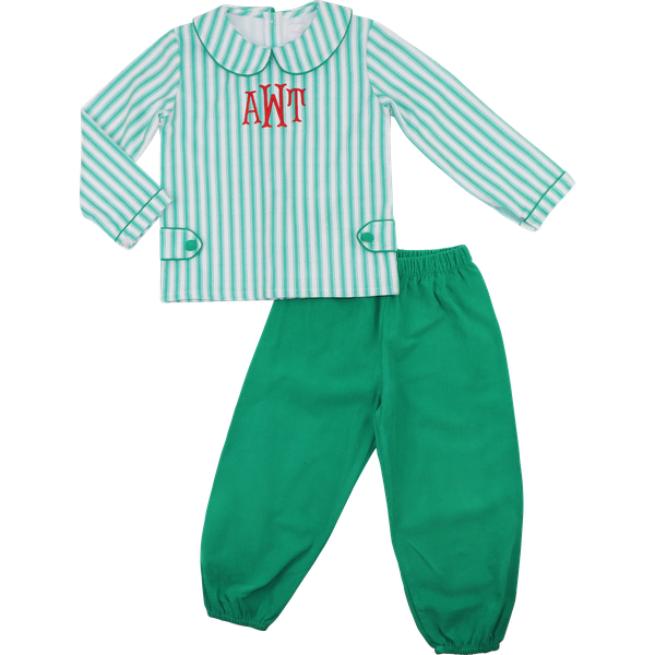 Green And White Corduroy Ankle Pant Set