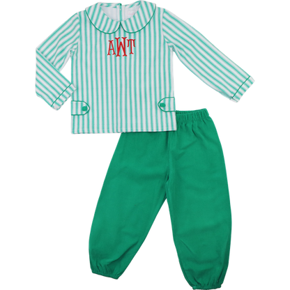 Green And White Corduroy Ankle Pant Set