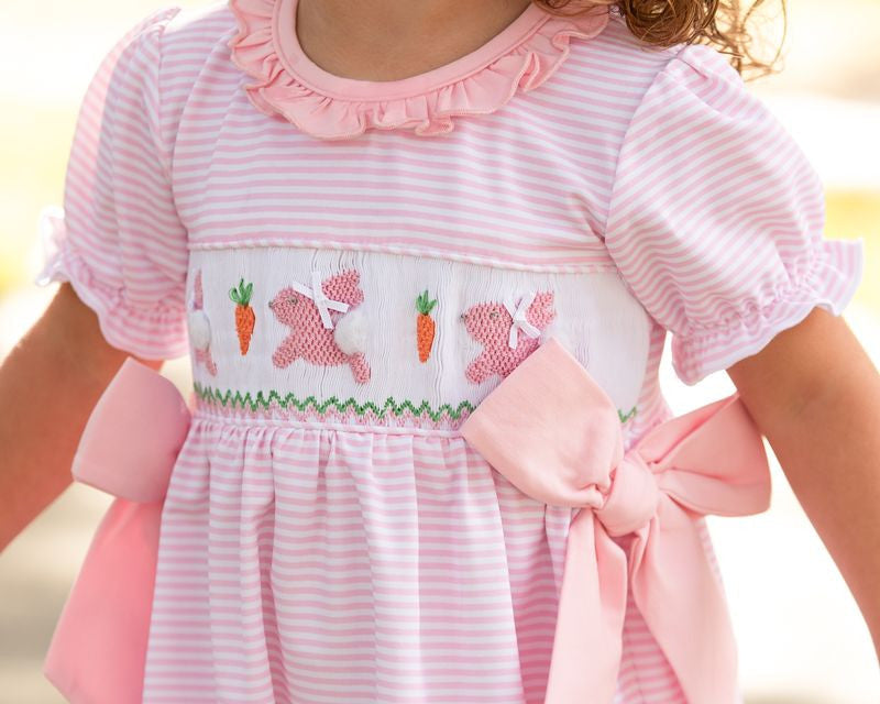 Pink Knit Stripe Smocked Bunny And Carrot Bow Bubble