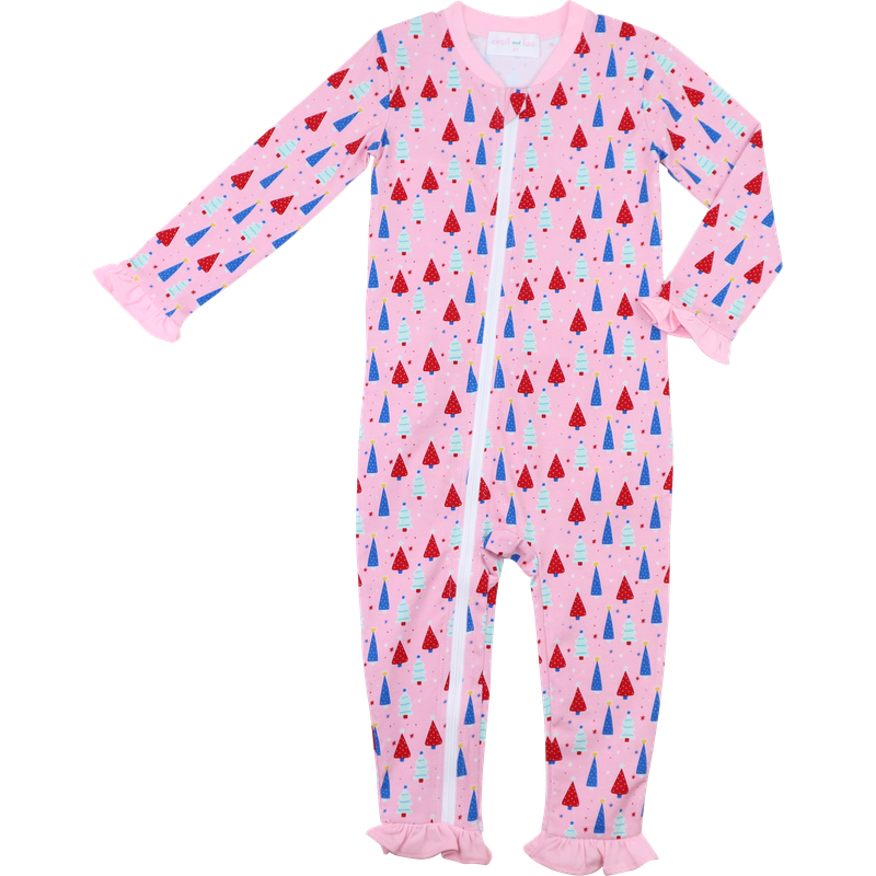 Pink And Red Christmas Tree Knit Zipper Pajamas