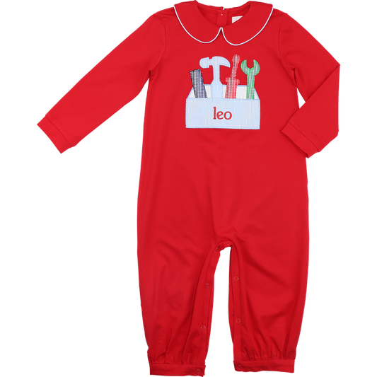 Red Knit Applique Tool Box Long Romper