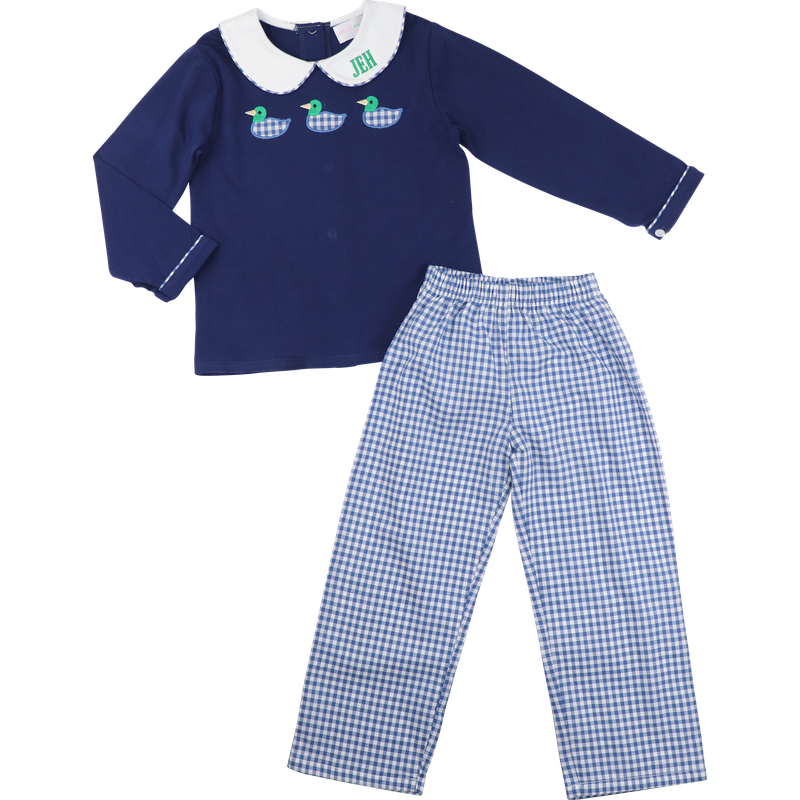 Navy Gingham Applique Mallard Pant Set