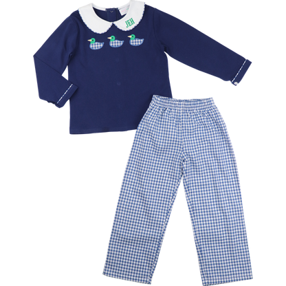 Navy Gingham Applique Mallard Pant Set