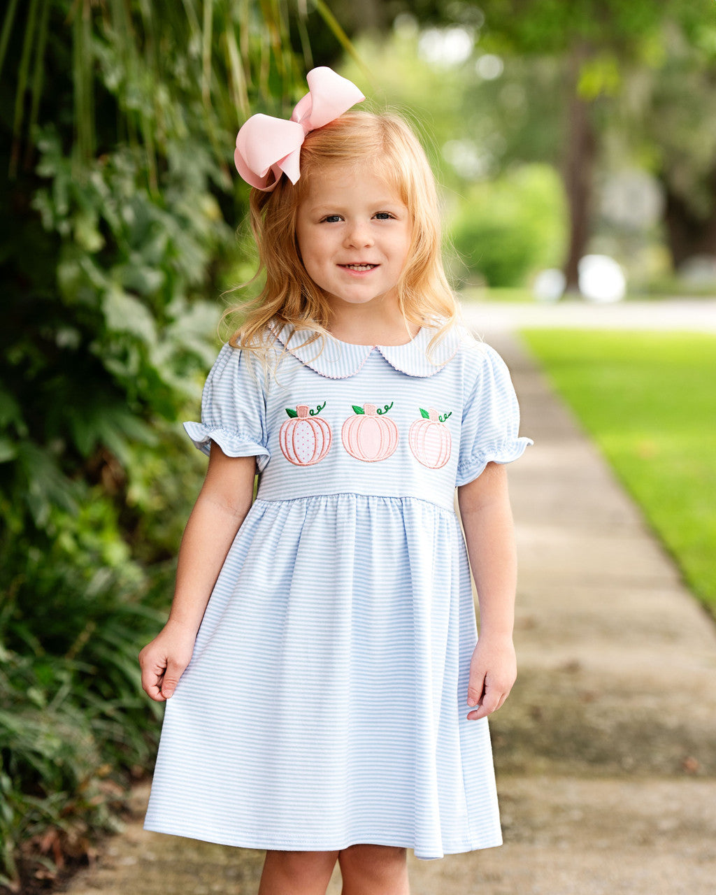 Blue Stripe Knit Applique Pumpkins Dress