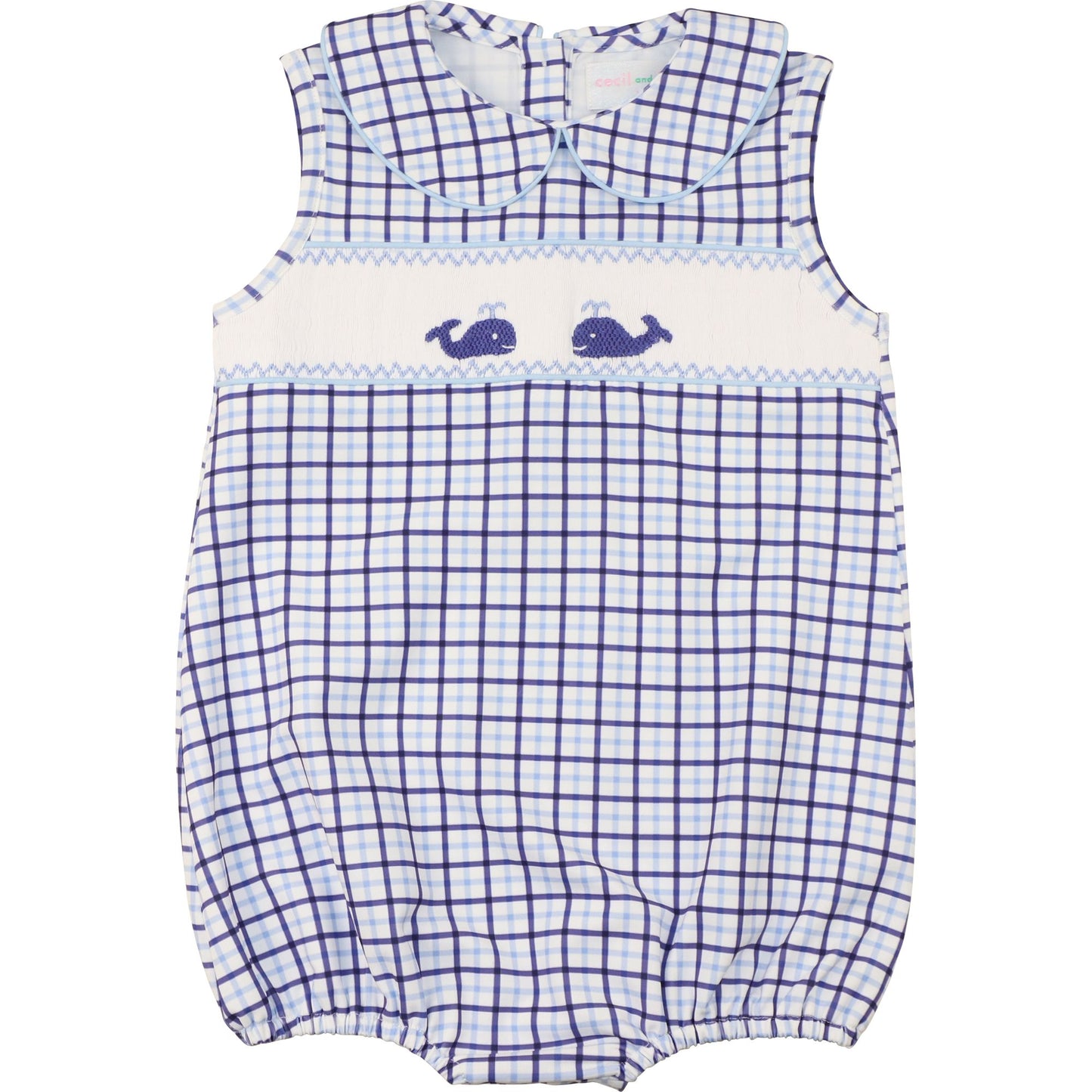 Blue And Navy Windowpane Smocked Whales Bubble