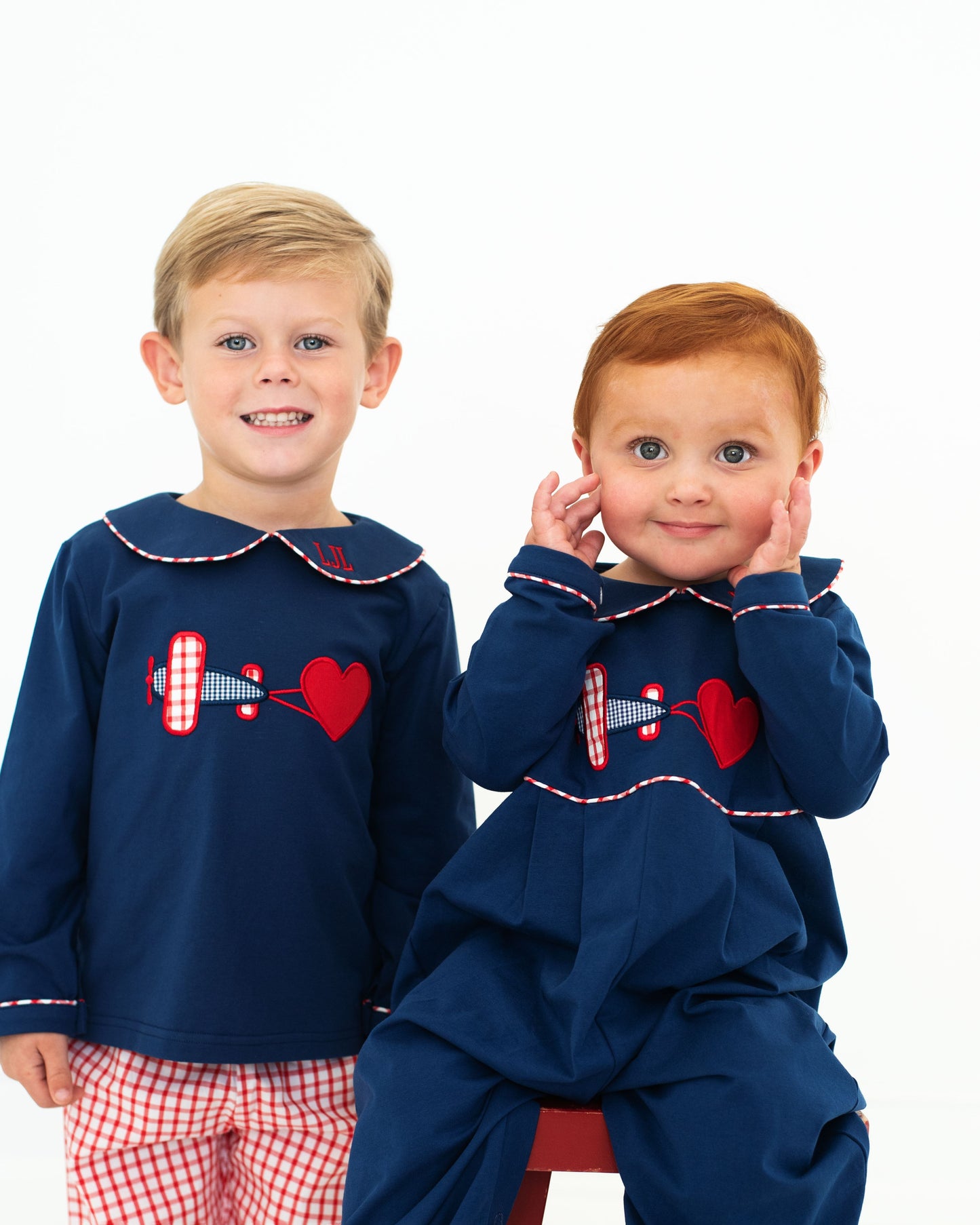 Navy Knit Valentine Airplane Long Romper