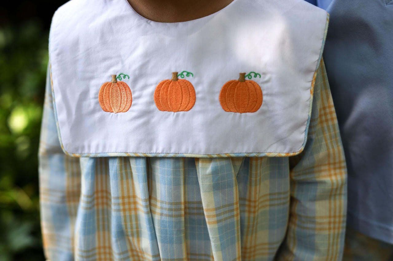 Orange And Blue Plaid Embroidered Pumpkin Bubble - Shipping Mid September  Smocked Threads