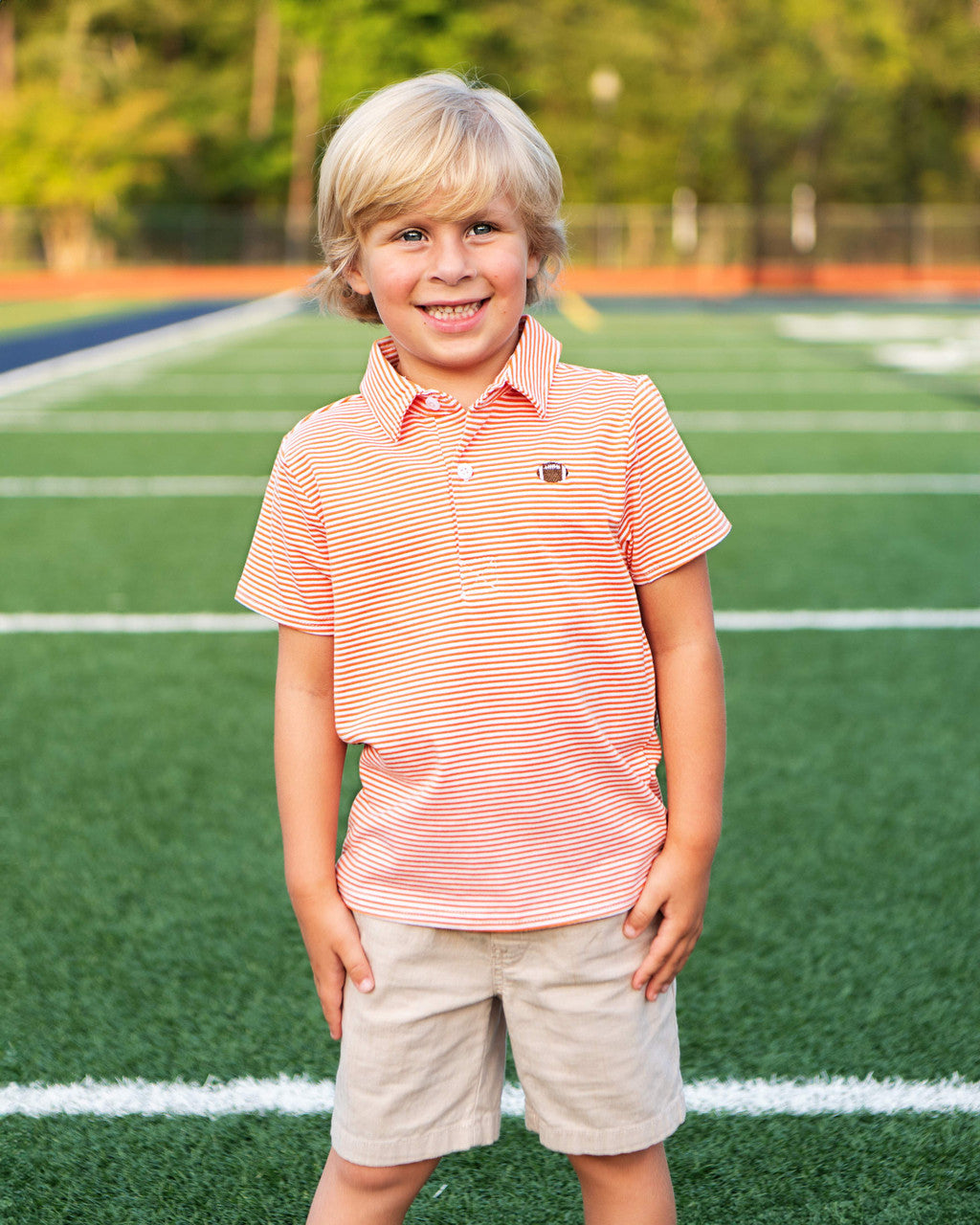 Orange Stripe Knit Embroidered Football Polo