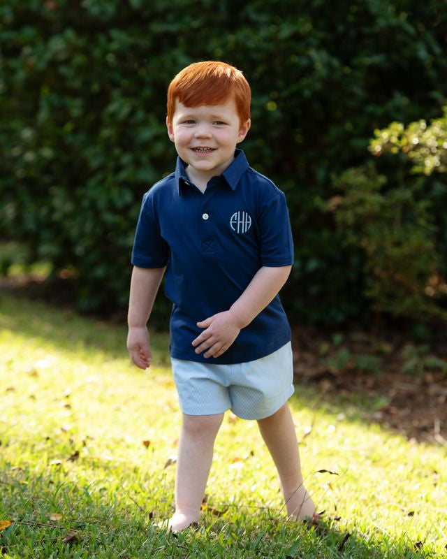 Navy And Blue Gingham Polo Short Set