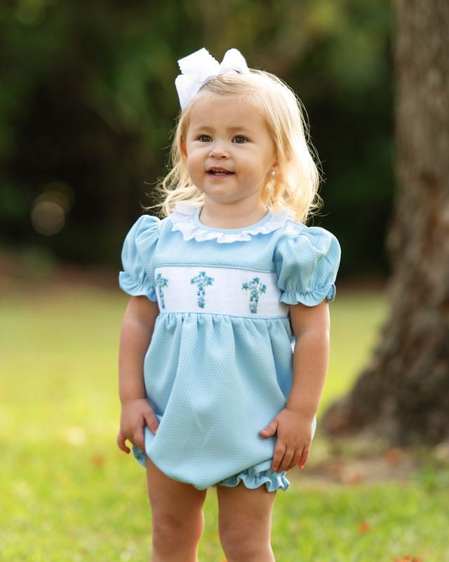 Blue Honeycomb Eyelet Smocked Cross Bubble