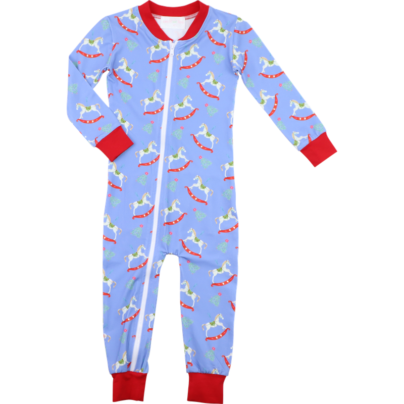 Red And Blue Holiday Rocking Horses Knit Zipper Pajamas