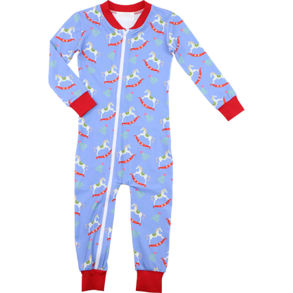 Red And Blue Holiday Rocking Horses Knit Zipper Pajamas