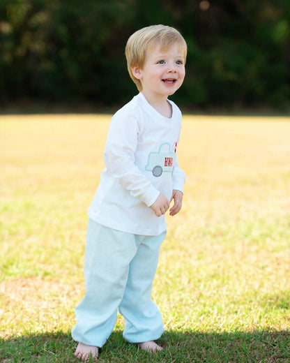 Blue Gingham Corduroy Applique Valentine Truck Pant Set