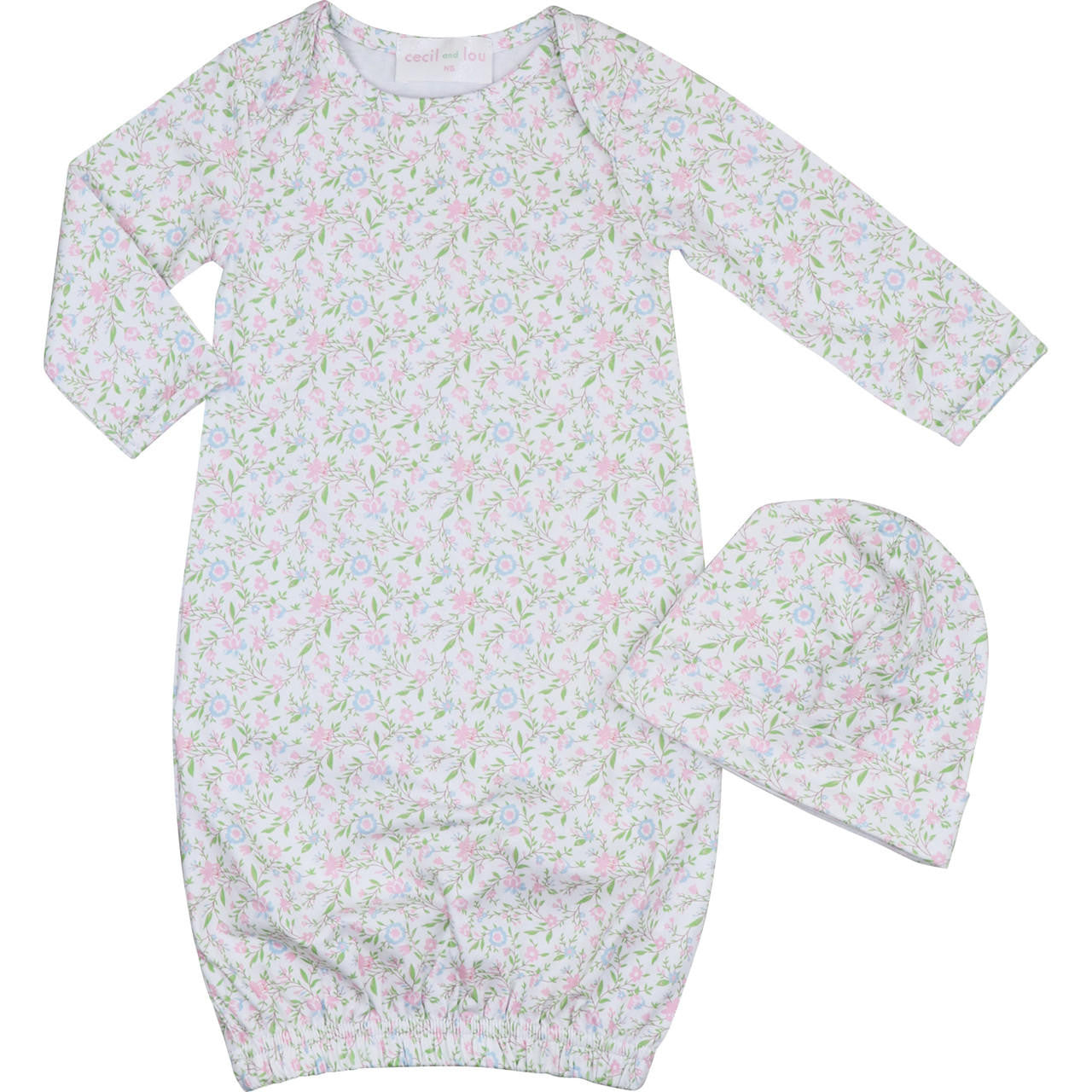 Pastel Floral Print Baby Gown And Beanie Smocked Threads