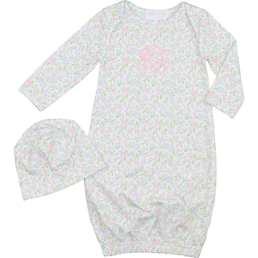 Pastel Floral Print Baby Gown And Beanie Smocked Threads