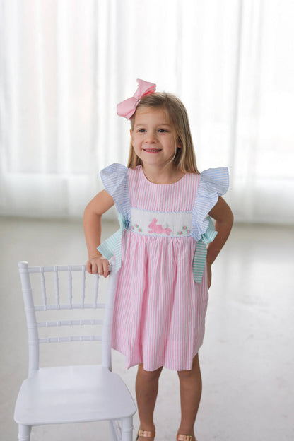 Pastel Seersucker Smocked Bunny Dress