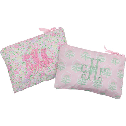 Petite Pink And Green Floral Zipper Pouch  Monogram - Cecil and Lou