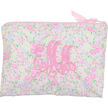 Petite Pink And Green Floral Zipper Pouch  Monogram - Cecil and Lou