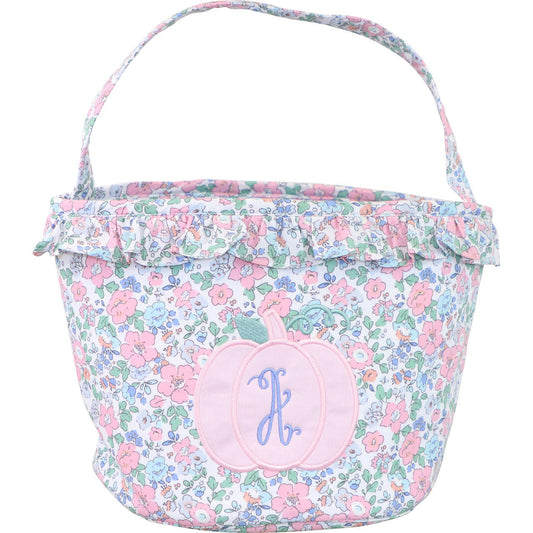 Pink And Blue Floral Applique Pumpkin Bucket   Monogram