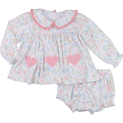 Pink And Blue Floral Corduroy Applique Heart Diaper Set