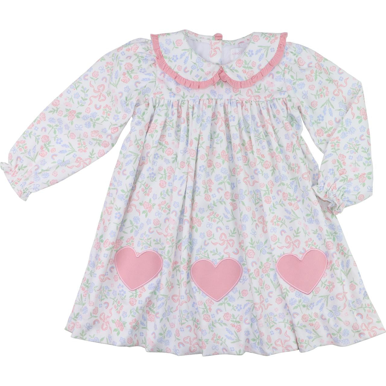 Pink And Blue Floral Corduroy Applique Heart Dress