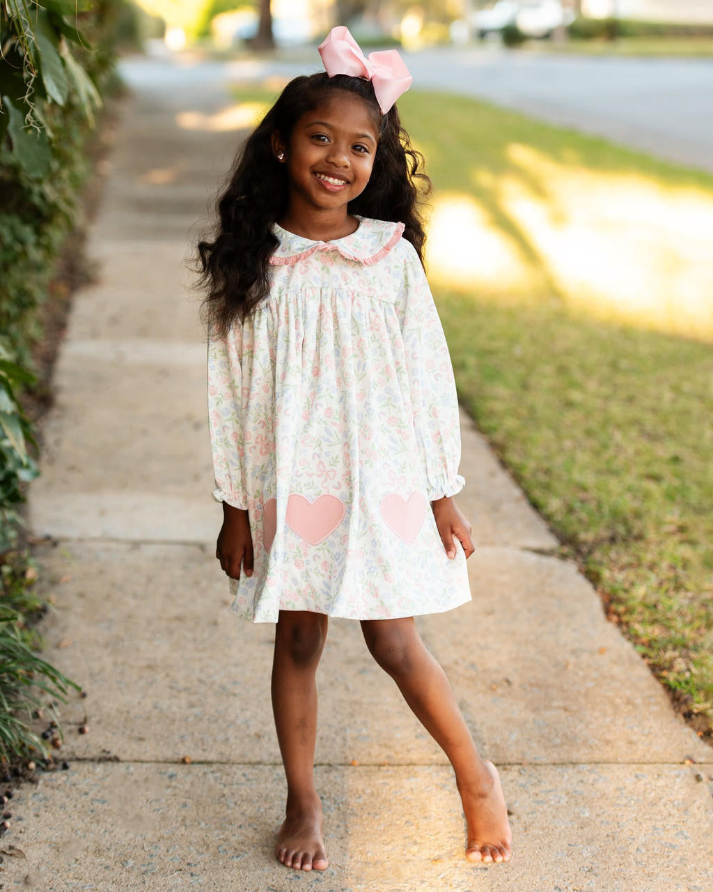 Pink And Blue Floral Corduroy Applique Heart Dress