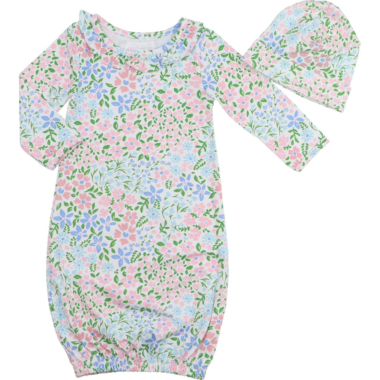 Pink And Blue Floral Knit Baby Gown And Beanie  Cecil and Lou