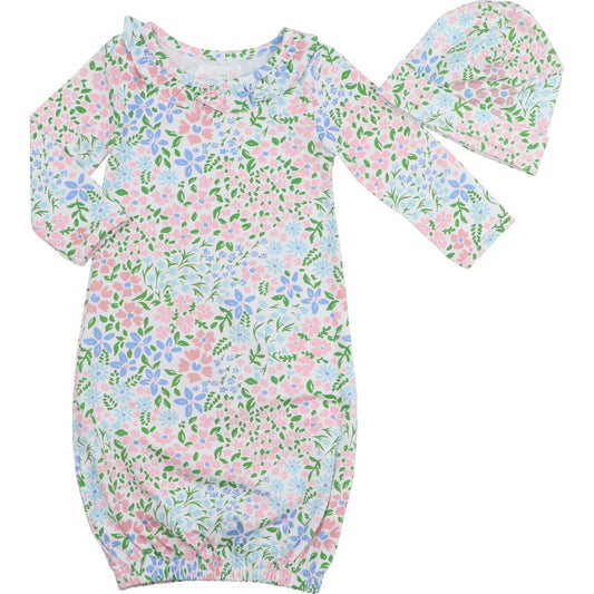 Pink And Blue Floral Knit Baby Gown And Beanie  Cecil and Lou