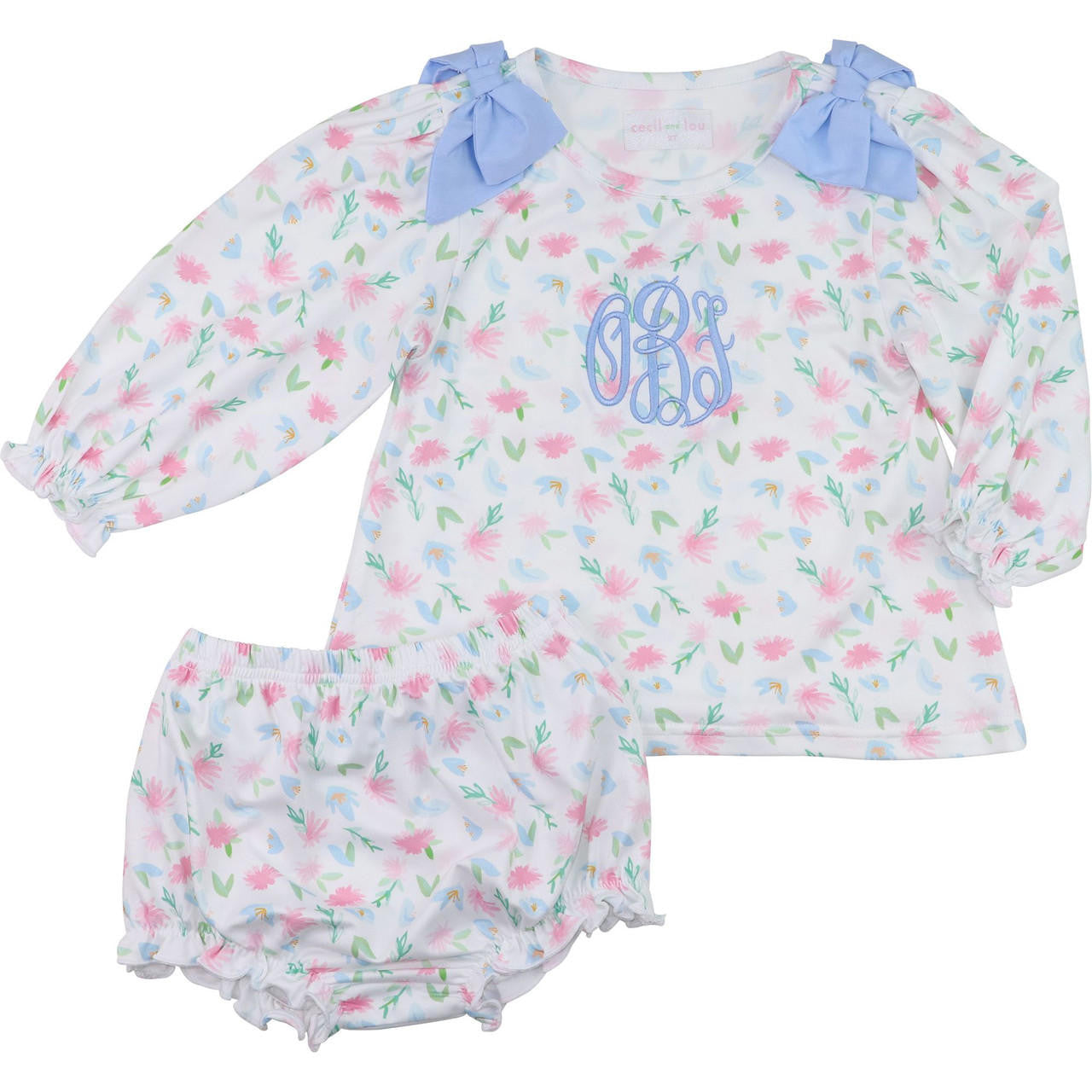 Pink And Blue Floral Knit Bow Diaper Set  Smocked Threads