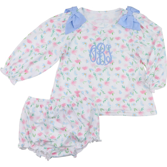 Pink And Blue Floral Knit Bow Diaper Set  Smocked Threads