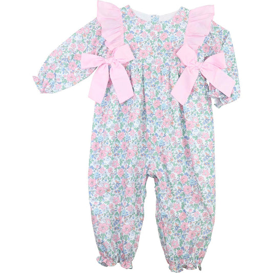 Pink And Blue Floral Long Bubble  Smocked Threads