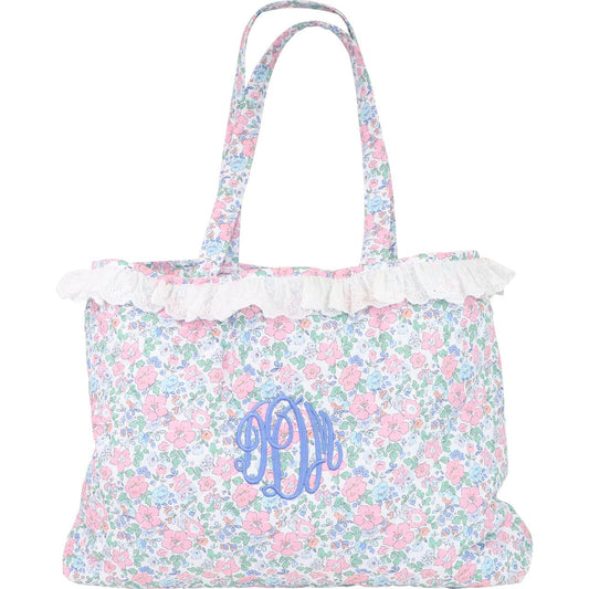 Pink And Blue Floral Quilted Tote  Monogram