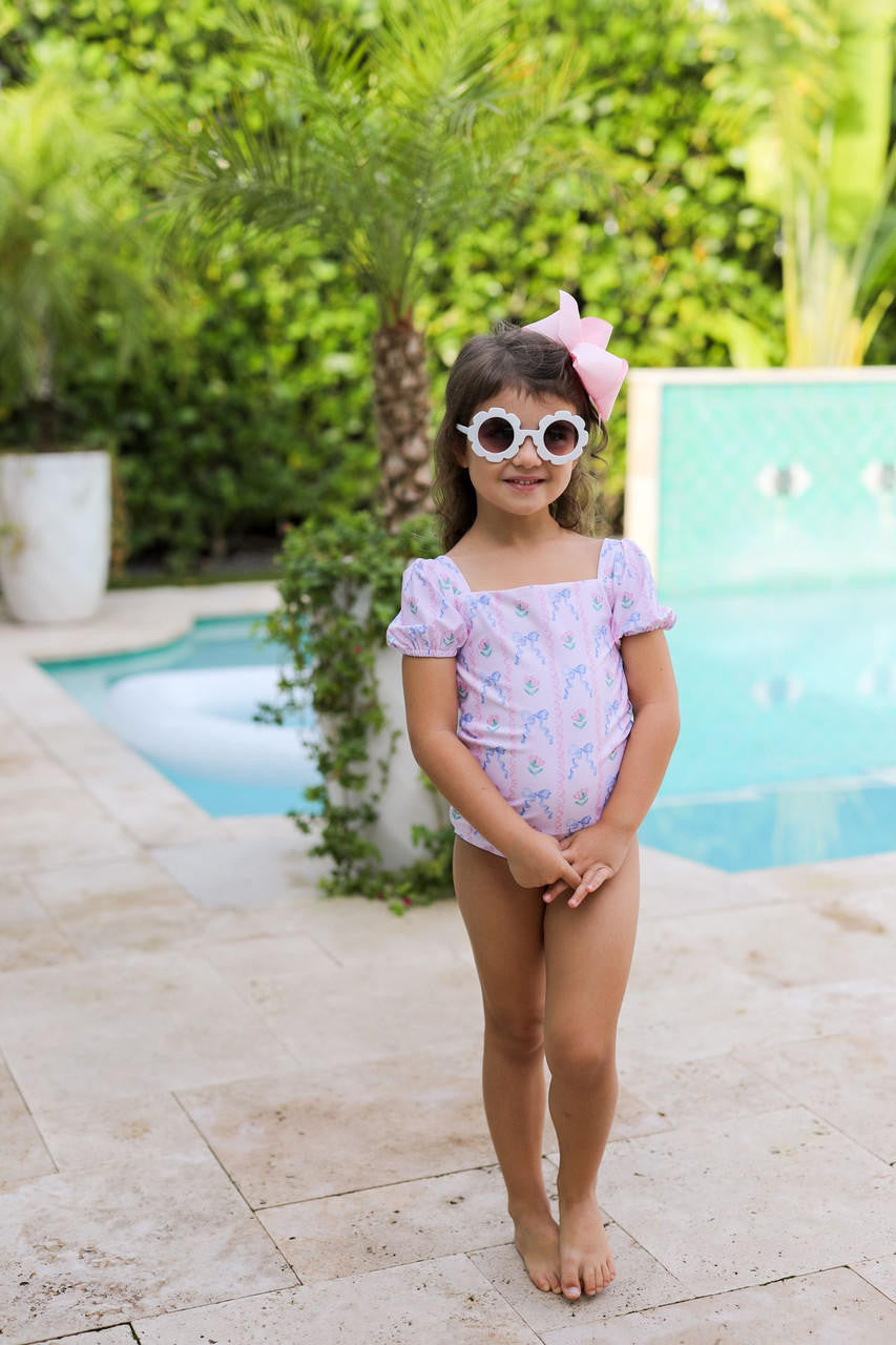 Pink And Blue Flower And Bow Lycra Swimsuit   Smocked Threads