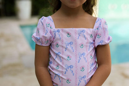 Pink And Blue Flower And Bow Lycra Swimsuit   Smocked Threads