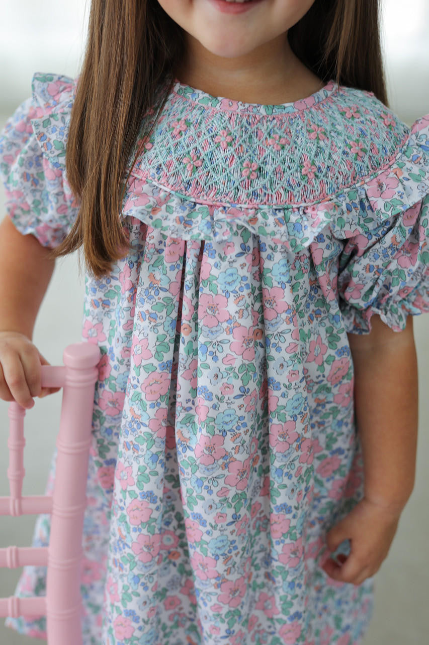 Pink And Blue Liberty Floral Smocked Dress