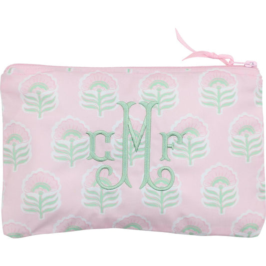 Pink And Green Botanical Print Zipper Pouch  Monogram - Cecil and Lou