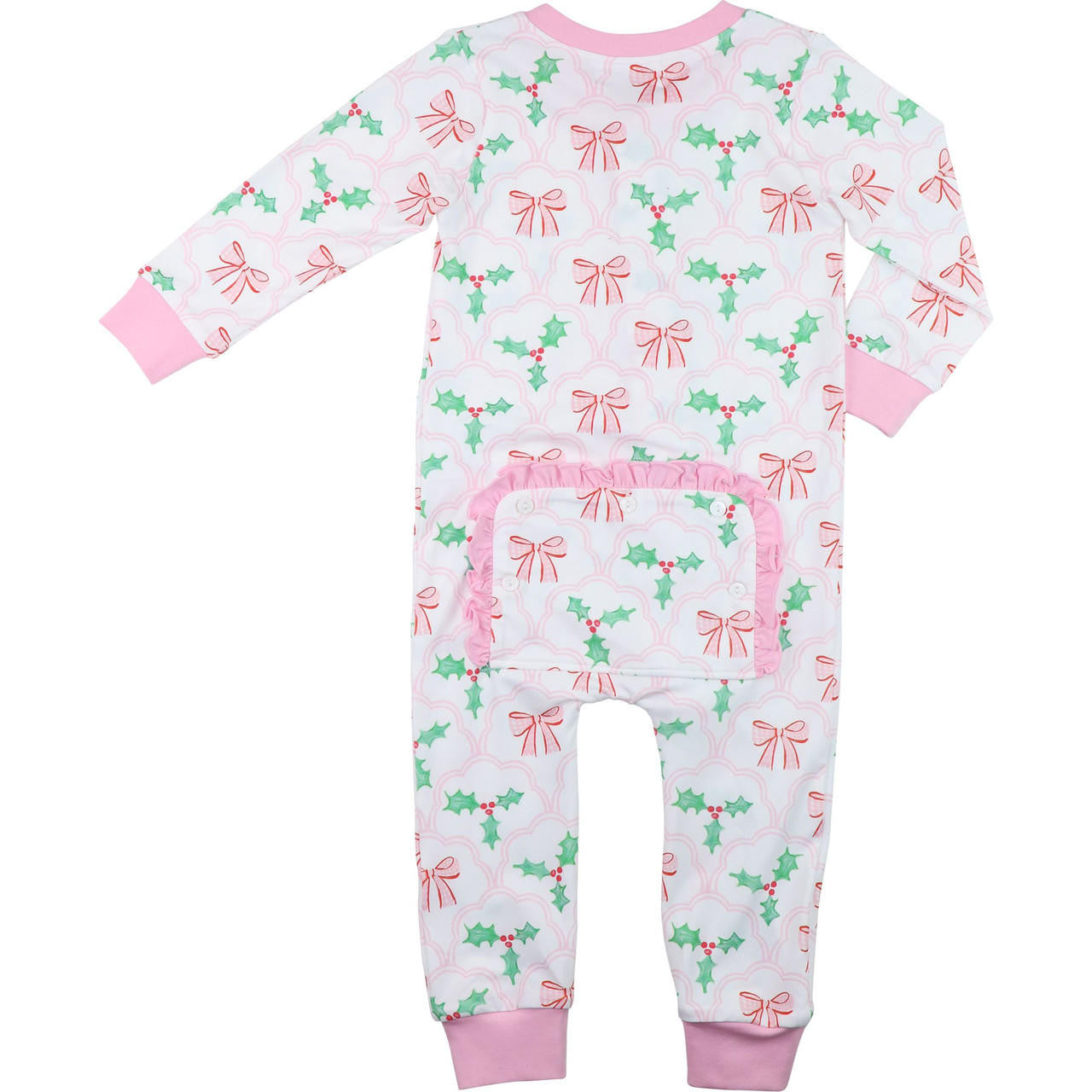 Pink And Green Bow And Holly Knit Zipper Pajamas - Shipping Early November  Smocked Threads