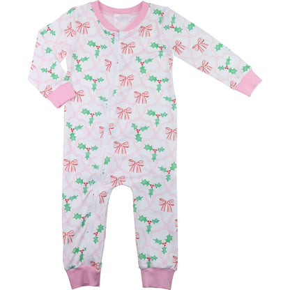 Pink And Green Bow And Holly Knit Zipper Pajamas - Shipping Early November  Smocked Threads